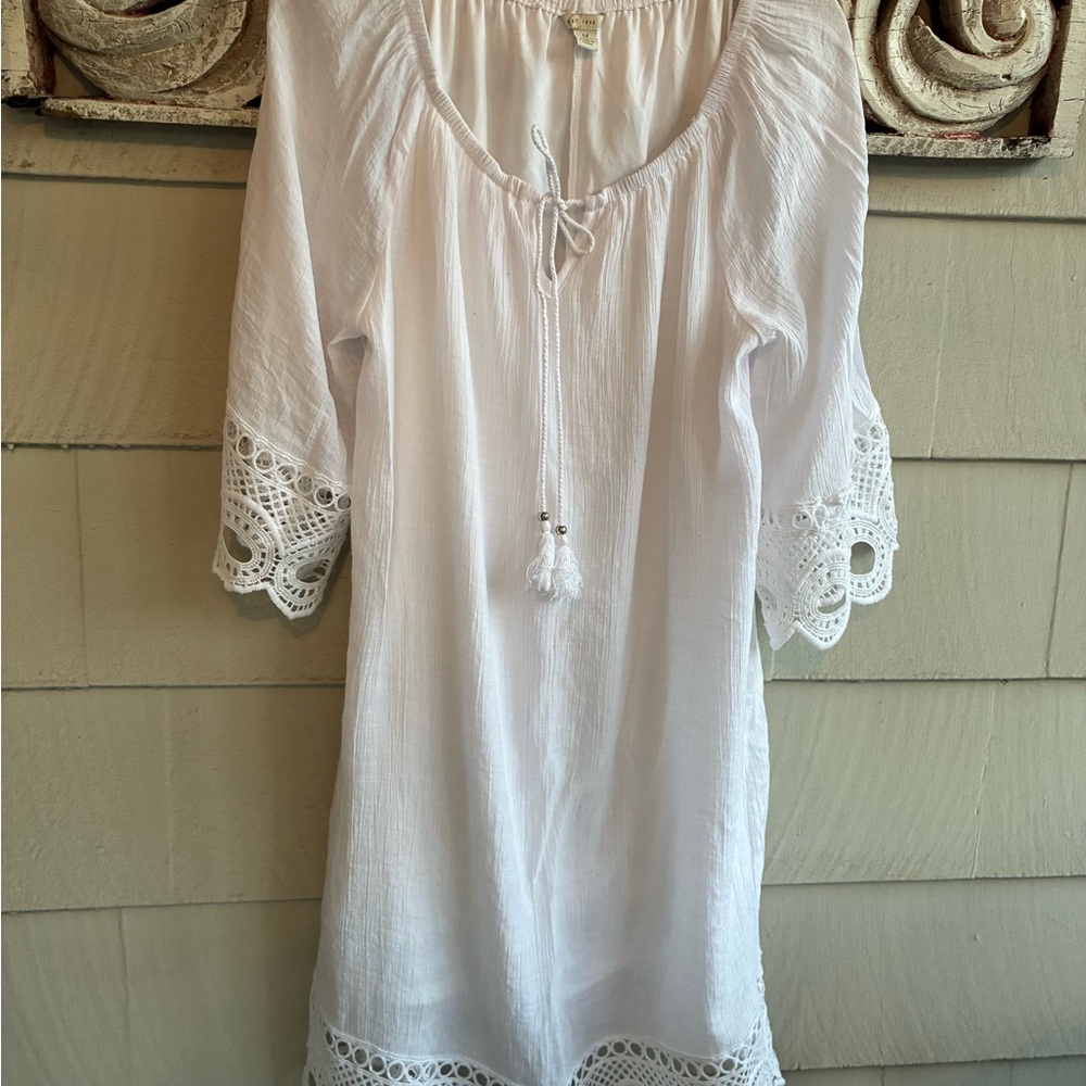 White Crochet Trim Tunic Dress Coverup Medium